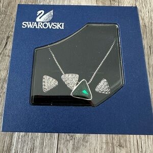 Swarovski Silver Necklace & Earring Set with Emerald Green Triangle Crystal